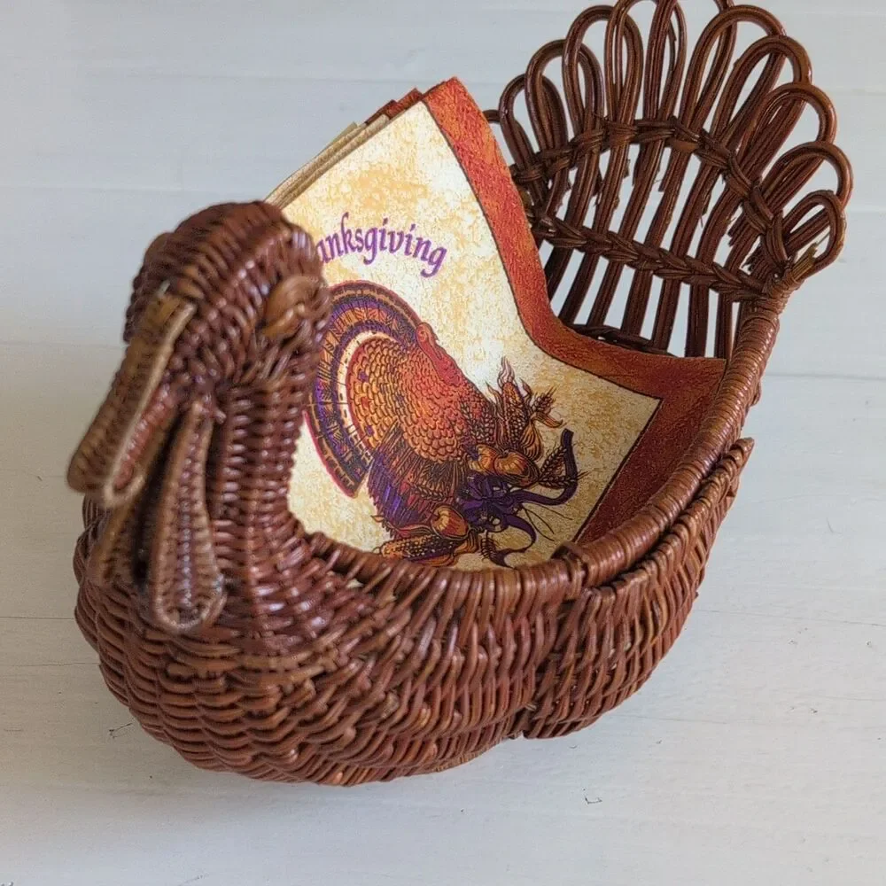 VTG Wicker Turkey Napkin Basket Holder, Woven, Handle, Thanksgiving Theme